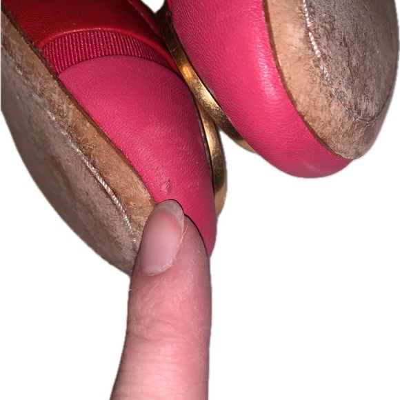 Tory Burch Minnie Toe Cap Red Azalea Pink Napa Leather Ballet Flats Gold Logo 6M - Picture 11 of 12
